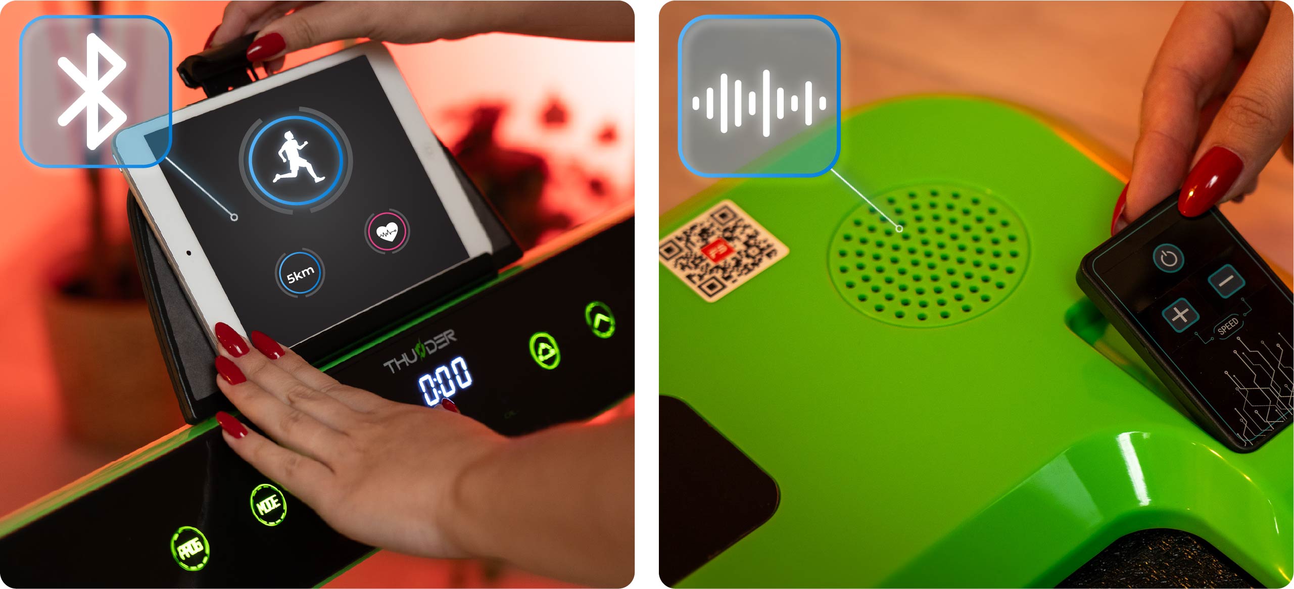 Pannello di controllo del tapis roulant Thunder RACE con tablet e app FitShow visibili